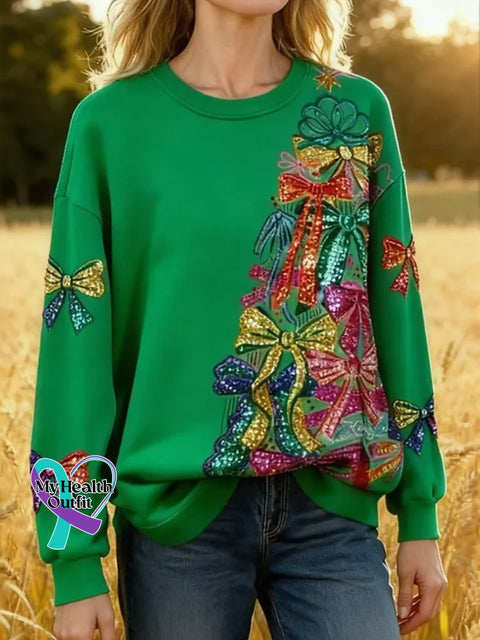 Christmas Tree Bow Tie Print Casual Sweatshirt