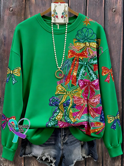 Christmas Tree Bow Tie Print Casual Sweatshirt Multicolor / S