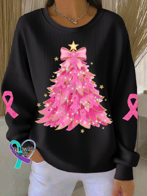Christmas Tree Breast Cancer Awareness Print Casual Sweatshirt Black / S