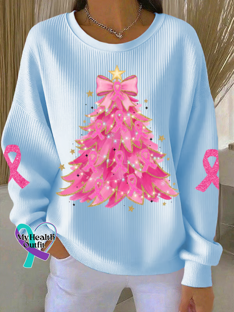Christmas Tree Breast Cancer Awareness Print Casual Sweatshirt Blue / S