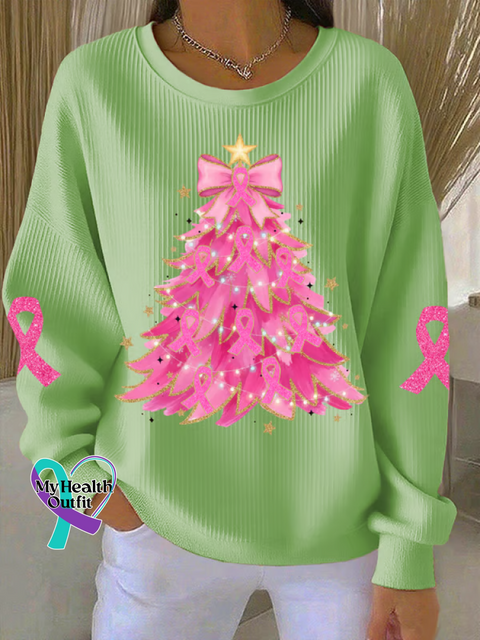 Christmas Tree Breast Cancer Awareness Print Casual Sweatshirt Green / S