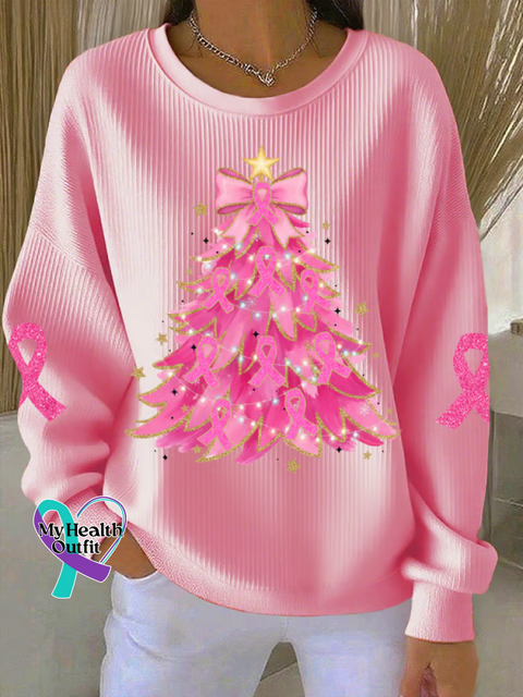 Christmas Tree Breast Cancer Awareness Print Casual Sweatshirt LightPink / S