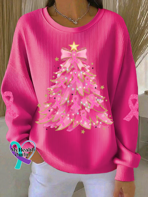 Christmas Tree Breast Cancer Awareness Print Casual Sweatshirt Pink / S