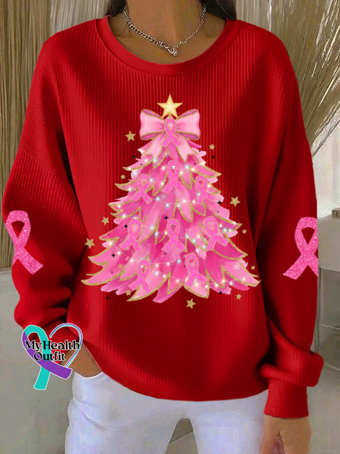 Christmas Tree Breast Cancer Awareness Print Casual Sweatshirt Red / S