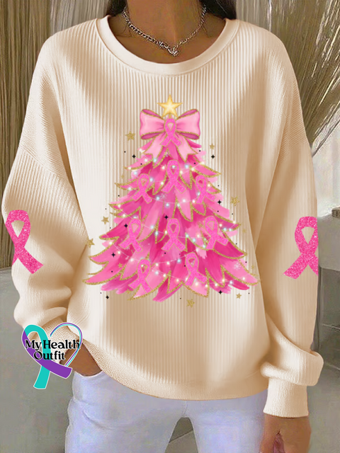 Christmas Tree Breast Cancer Awareness Print Casual Sweatshirt Sand / S