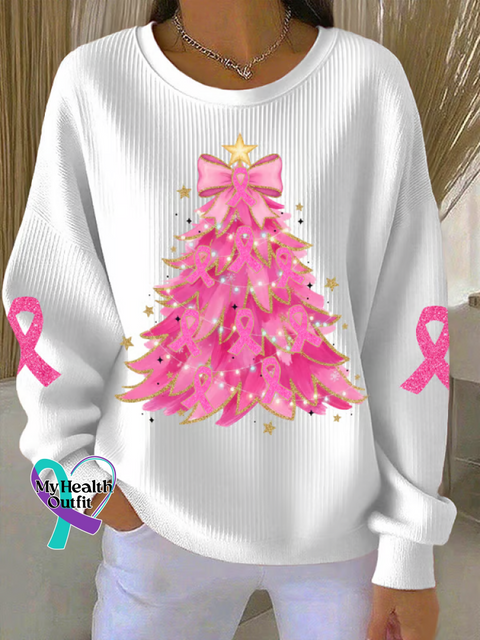 Christmas Tree Breast Cancer Awareness Print Casual Sweatshirt White / S