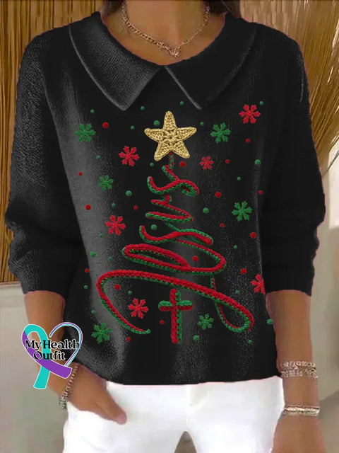 Christmas Tree Casual Peter Pan Collar 3/4 Sleeve Sweater Black / S