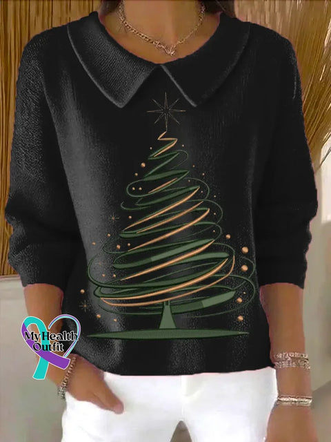 Christmas Tree Casual Peter Pan Collar 3/4 Sleeve Sweater Black / S