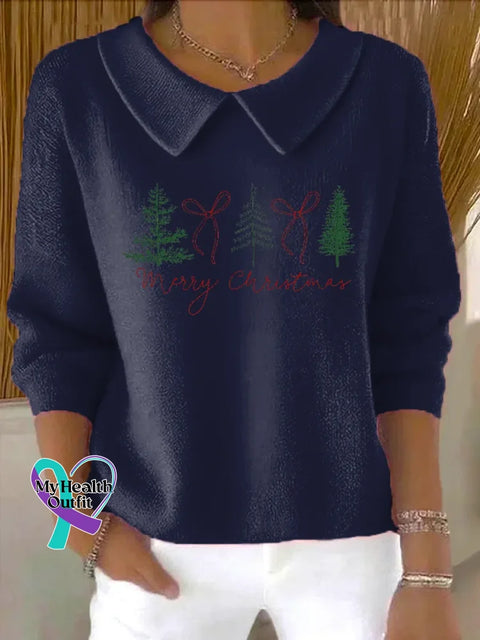 Christmas Tree Casual Peter Pan Collar 3/4 Sleeve Sweater Blue / S