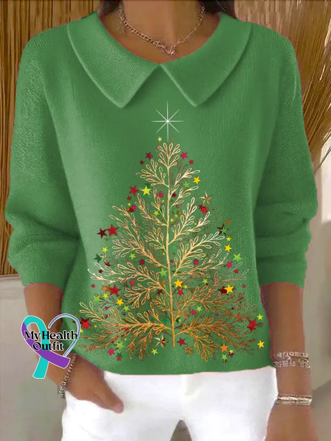 Christmas Tree Casual Peter Pan Collar 3/4 Sleeve Sweater Green / S