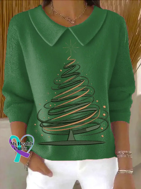 Christmas Tree Casual Peter Pan Collar 3/4 Sleeve Sweater Green / S