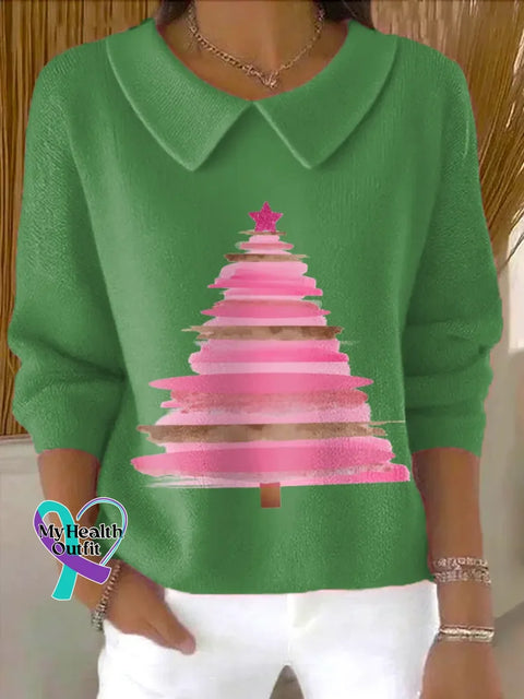 Christmas Tree Casual Peter Pan Collar 3/4 Sleeve Sweater Green / S
