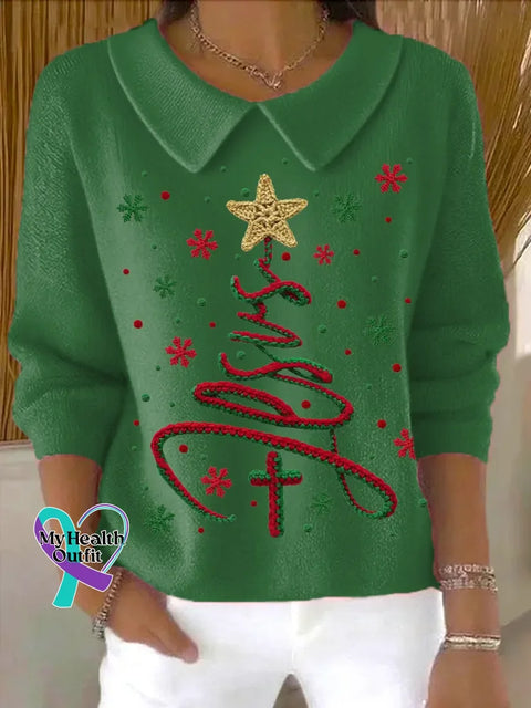 Christmas Tree Casual Peter Pan Collar 3/4 Sleeve Sweater Green / S