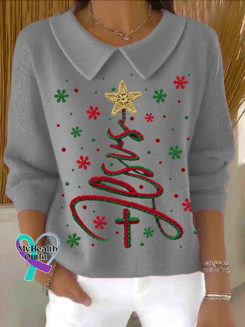 Christmas Tree Casual Peter Pan Collar 3/4 Sleeve Sweater Grey / S