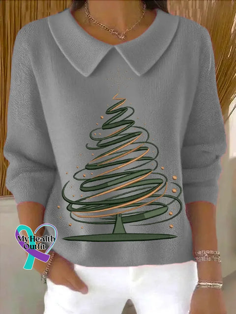 Christmas Tree Casual Peter Pan Collar 3/4 Sleeve Sweater Grey / S