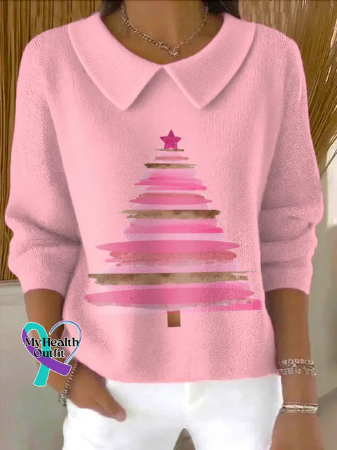 Christmas Tree Casual Peter Pan Collar 3/4 Sleeve Sweater LightPink / S