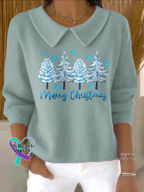 Christmas Tree Casual Peter Pan Collar 3/4 Sleeve Sweater Multicolor / S