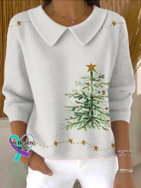 Christmas Tree Casual Peter Pan Collar 3/4 Sleeve Sweater Multicolor / S
