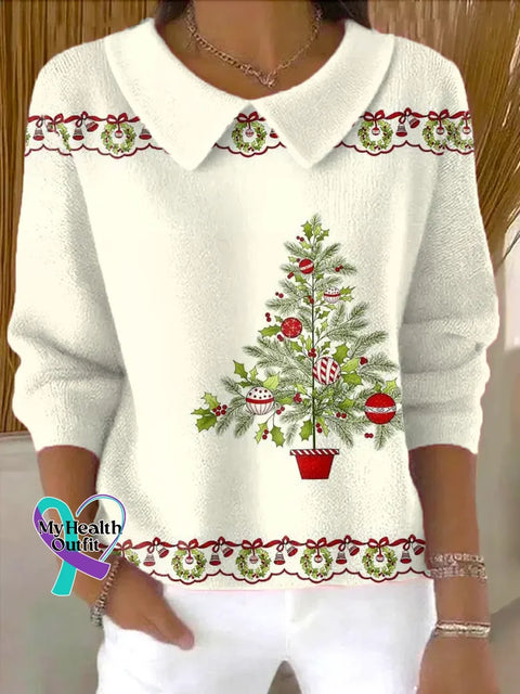 Christmas Tree Casual Peter Pan Collar 3/4 Sleeve Sweater Multicolor / S