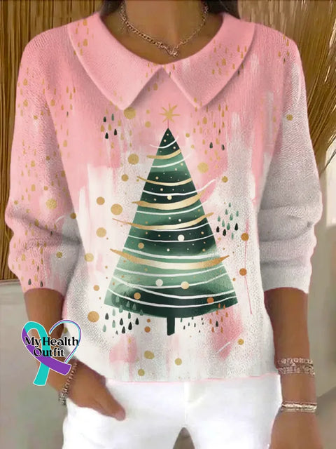 Christmas Tree Casual Peter Pan Collar 3/4 Sleeve Sweater Multicolor / S