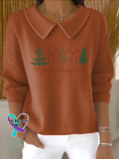 Christmas Tree Casual Peter Pan Collar 3/4 Sleeve Sweater Orange / S