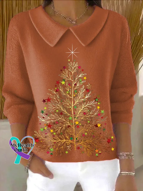 Christmas Tree Casual Peter Pan Collar 3/4 Sleeve Sweater Orange / S