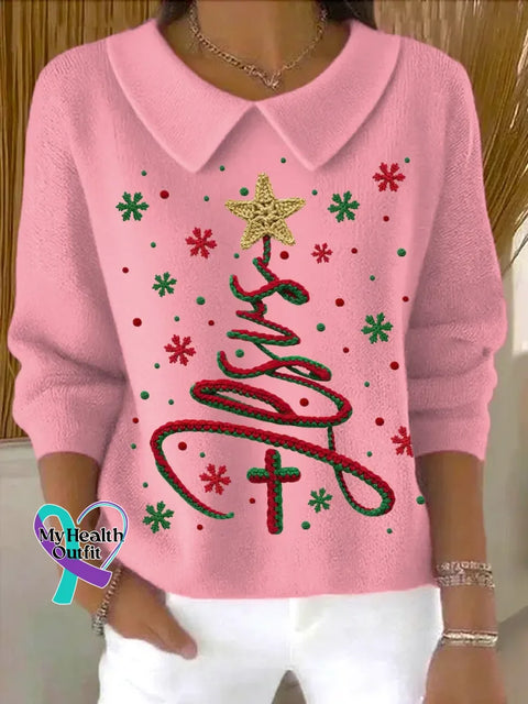 Christmas Tree Casual Peter Pan Collar 3/4 Sleeve Sweater Pink / S