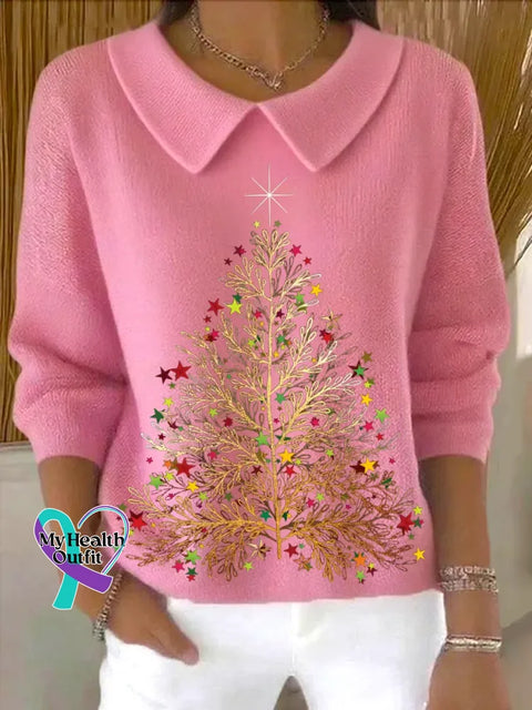 Christmas Tree Casual Peter Pan Collar 3/4 Sleeve Sweater Pink / S