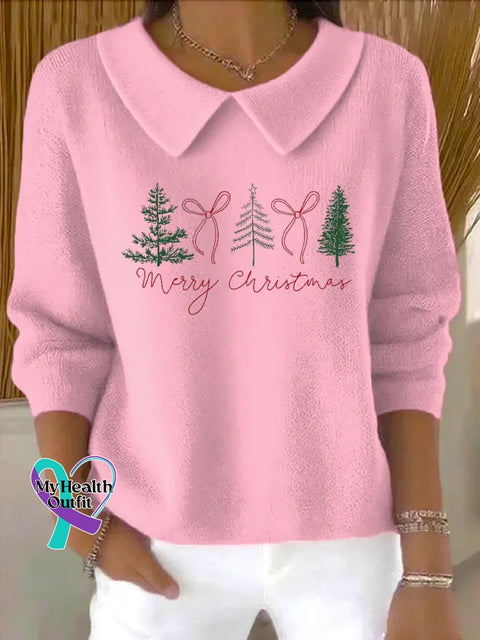 Christmas Tree Casual Peter Pan Collar 3/4 Sleeve Sweater Pink / S