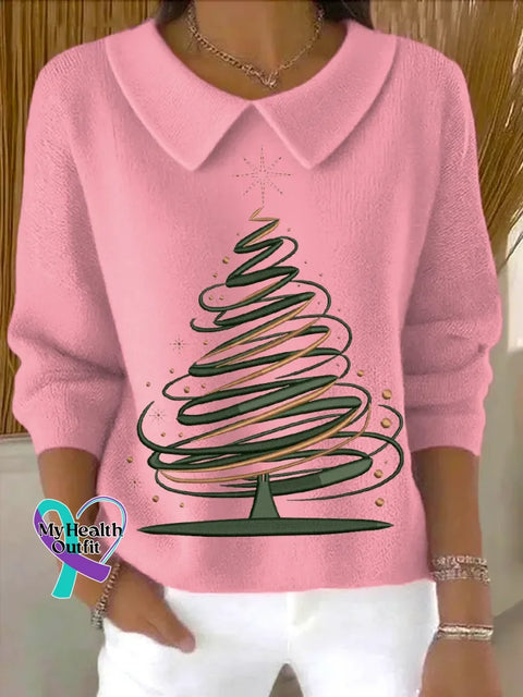 Christmas Tree Casual Peter Pan Collar 3/4 Sleeve Sweater Pink / S
