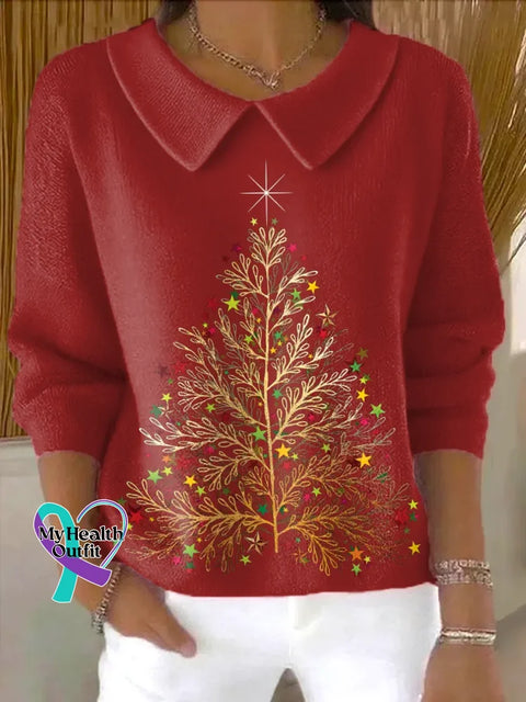 Christmas Tree Casual Peter Pan Collar 3/4 Sleeve Sweater Red / S
