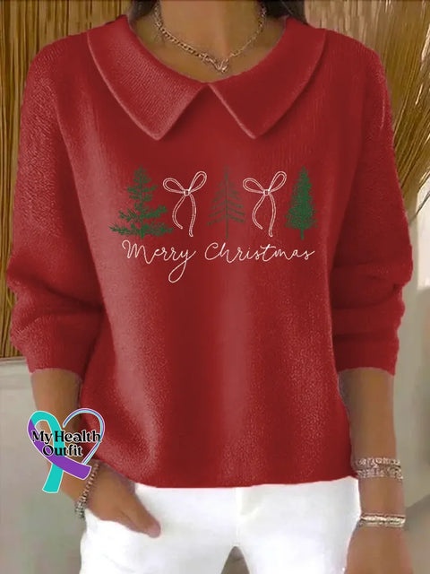 Christmas Tree Casual Peter Pan Collar 3/4 Sleeve Sweater Red / S