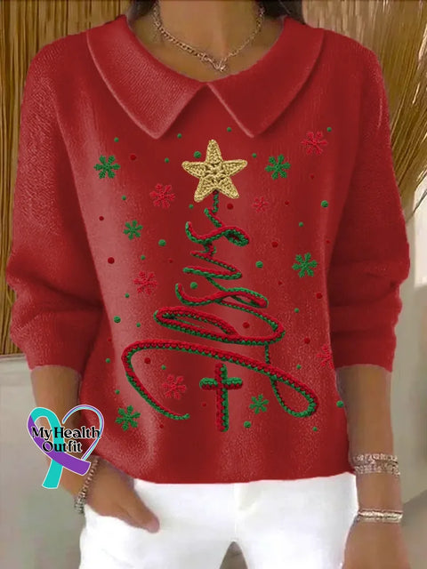 Christmas Tree Casual Peter Pan Collar 3/4 Sleeve Sweater Red / S