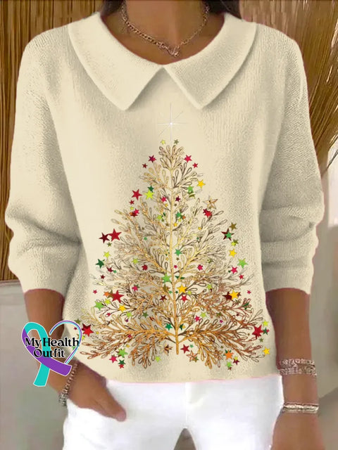 Christmas Tree Casual Peter Pan Collar 3/4 Sleeve Sweater Sand / S