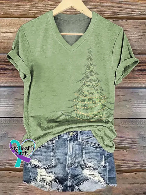 Christmas Tree V-neck Casual T-shirt Multicolor / S