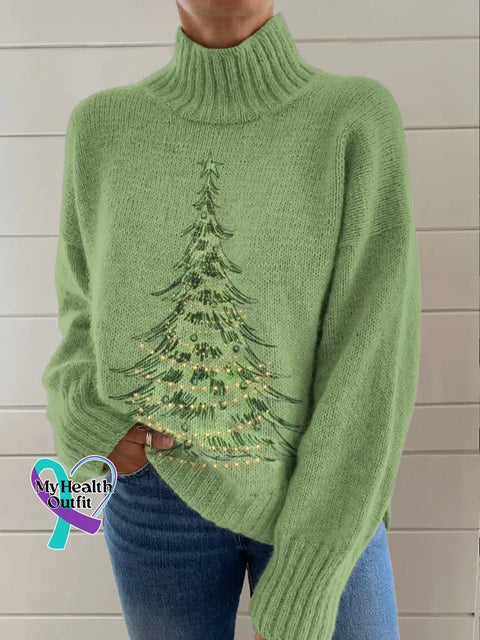 Christmas Tree Print Knit Turtleneck Pullover Sweater Multicolor / S