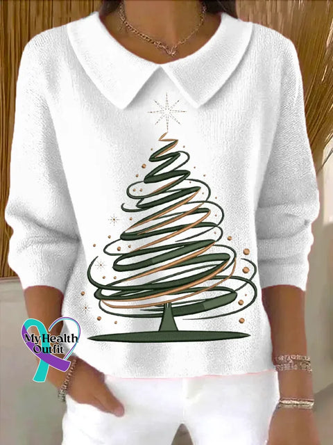 Christmas Tree Casual Peter Pan Collar 3/4 Sleeve Sweater White / S