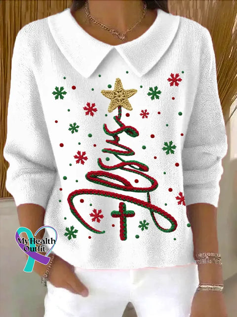 Christmas Tree Casual Peter Pan Collar 3/4 Sleeve Sweater White / S
