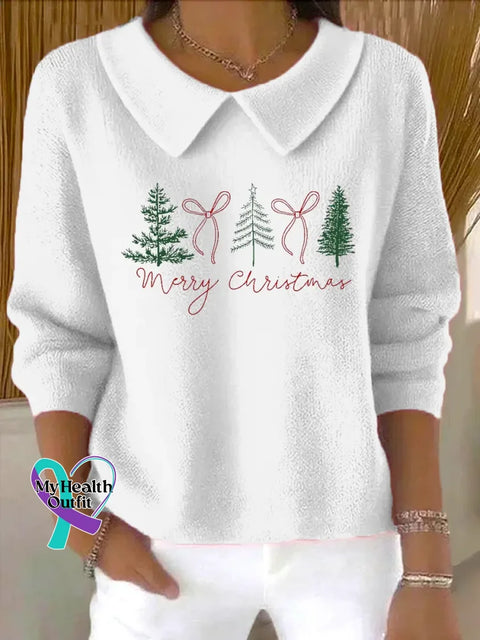 Christmas Tree Casual Peter Pan Collar 3/4 Sleeve Sweater White / S