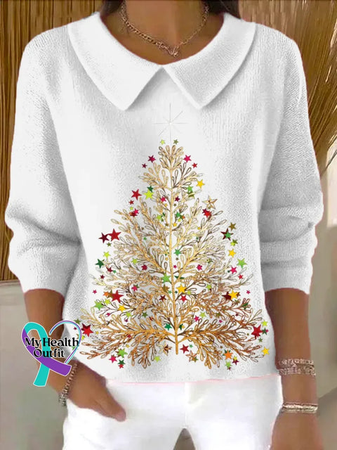 Christmas Tree Casual Peter Pan Collar 3/4 Sleeve Sweater White / S