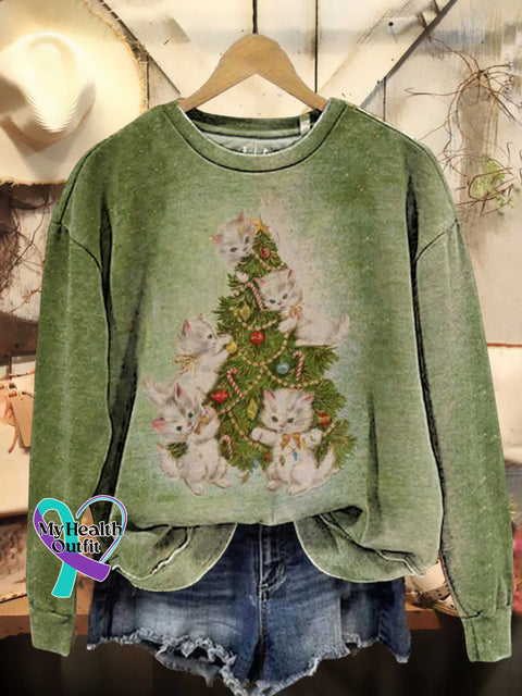 Christmas Tree Cat Casual Sweatshirt Multicolor / S