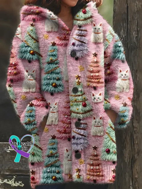 Christmas Tree Cats Cozy Knit Hooded Cardigan Multicolor / S