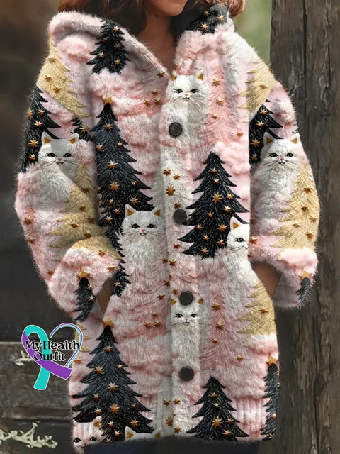 Christmas Tree Cats Cozy Knit Hooded Cardigan Multicolor / S