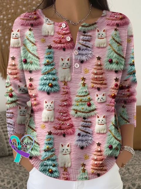 Christmas Tree Cats Print Buttoned Cardigan Sweater Multicolor / S