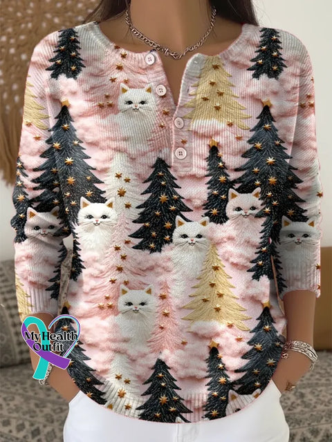 Christmas Tree Cats Print Buttoned Cardigan Sweater Multicolor / S