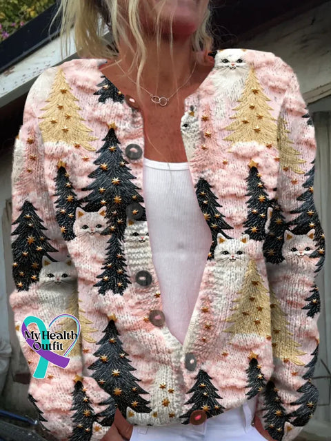 Christmas Tree Cats Print Buttoned Cardigan Sweater Multicolor / S