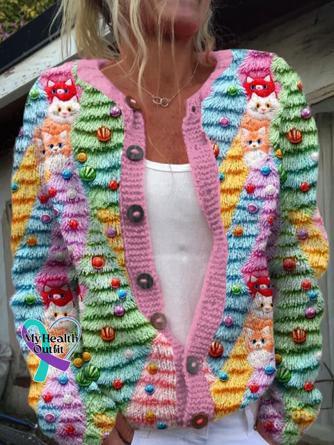 Christmas Tree Cats Print Buttoned Cardigan Sweater Multicolor / S
