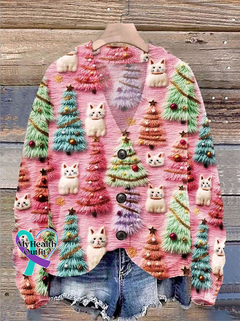 Christmas Tree Cute Cat 3D Print Buttoned V-Neck Cardigan Sweater Multicolor / S