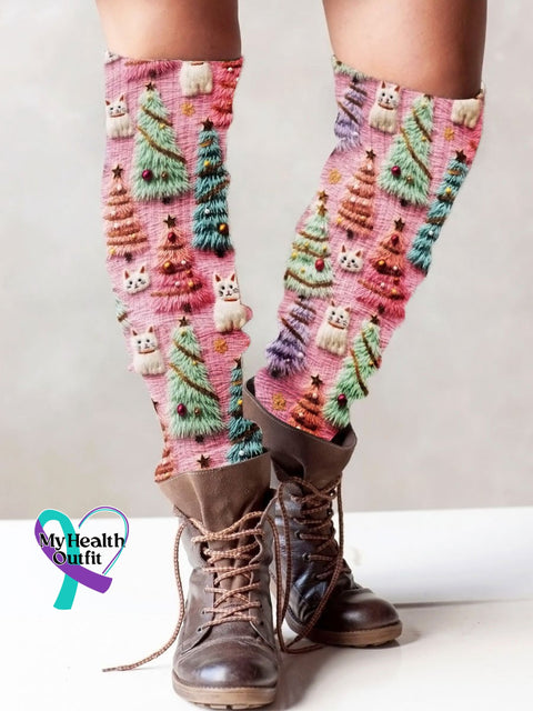 Christmas Tree Cute Cat 3D Print Casual Knit Gloves Leg Sets Hat Multicolor / Sets