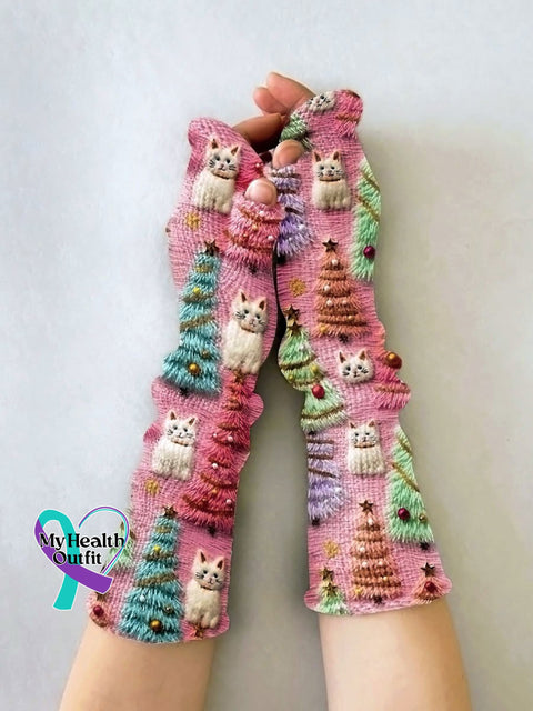 Christmas Tree Cute Cat 3D Print Casual Knit Gloves Leg Sets Hat Multicolor /